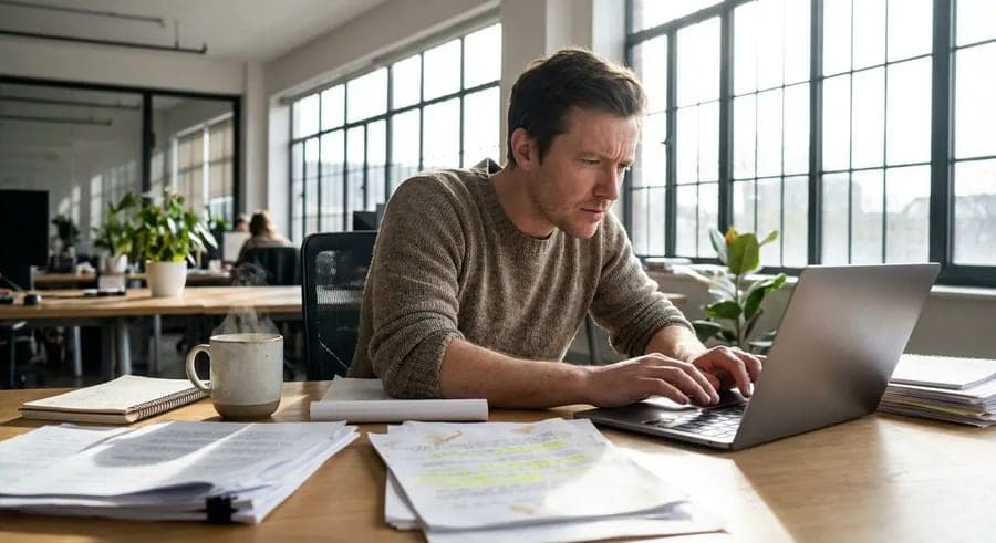 Founder researching grants on a laptop